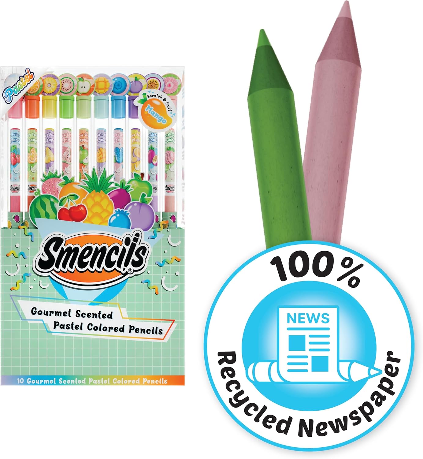 Pastel Colored Smencils - Patented Gourmet Scented Colored Pencils made from Recycled Newspapers, 10 Count, Gifts for Kids, School Supplies, Classroom Rewards