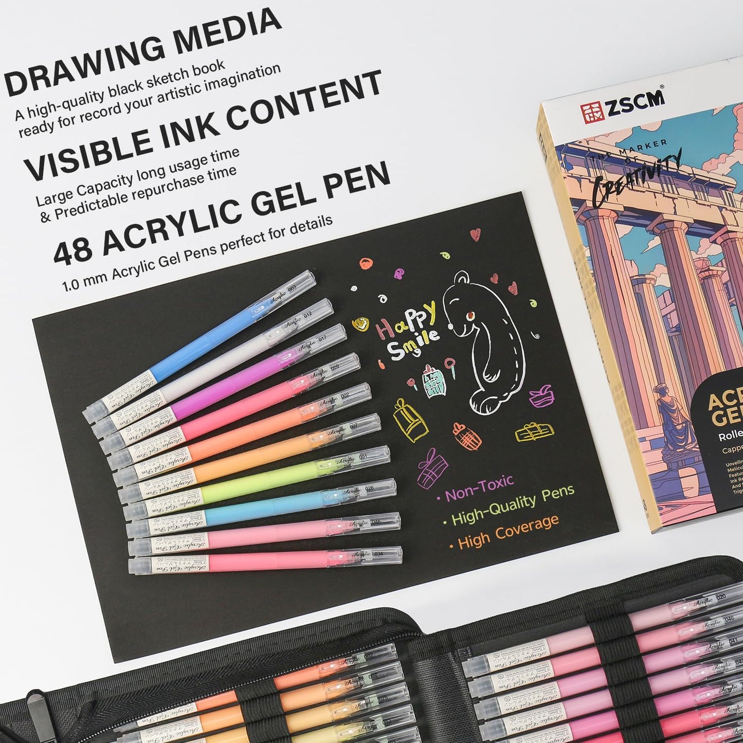 48 Colors 3D Acrylic Gel Pens & Black Paper Sketchbook for Drawing, 1mm Fine Point Acrylic Ink Pen, Opaque Archival Ink Pens for Black Paper Drawing, Sketching, Illustration, Card Making
