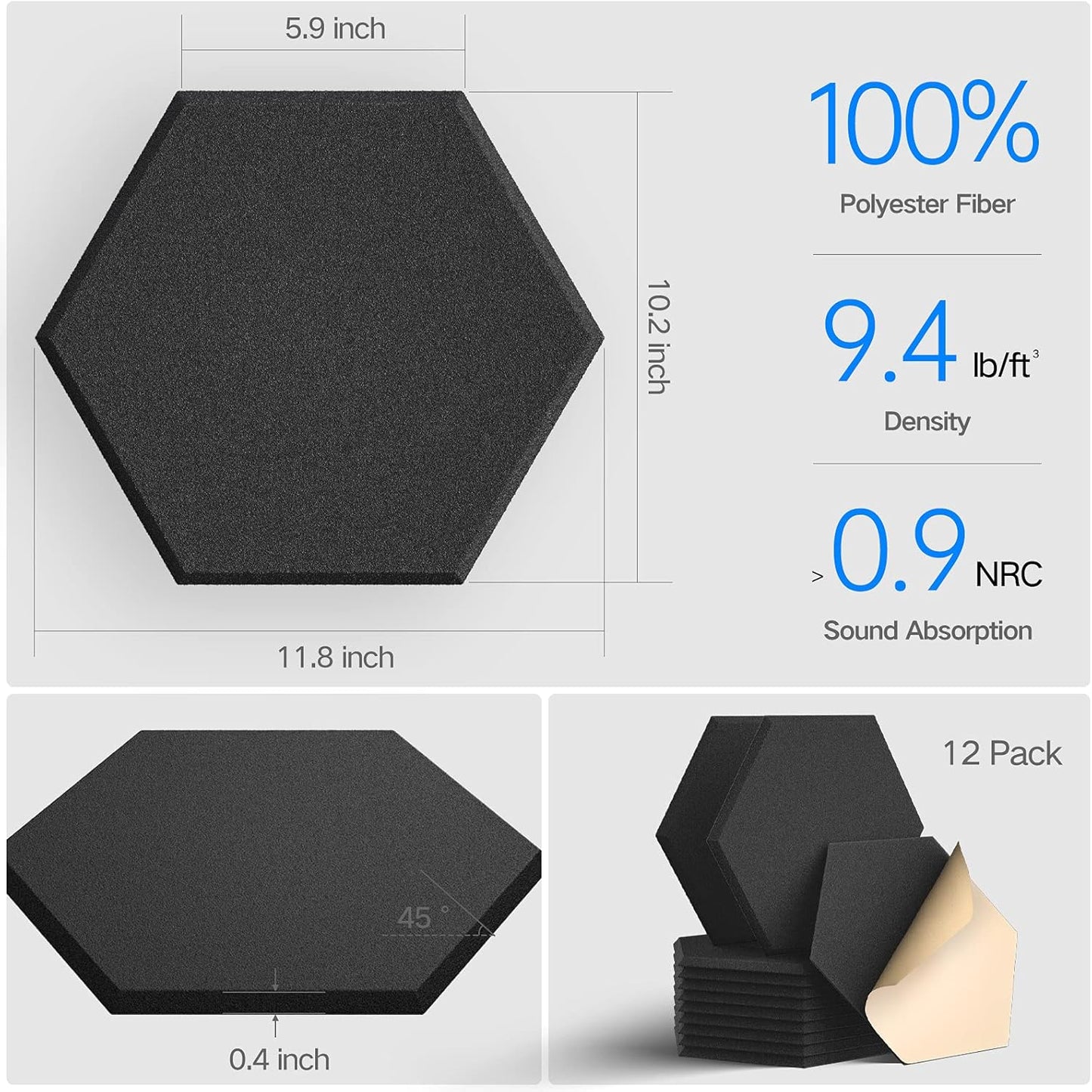12 Pack Self-adhesive Acoustic Panels 12" X 10" X 0.4" - Sound Proof Foam Panels with High Density, Stylish Hexagonal Design, Flame Resistant, Absorb Noise and Eliminate Echoes(Black)