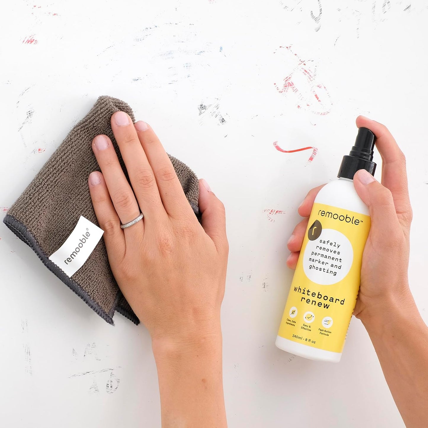 Remooble Dry Erase Whiteboard Cleaner Spray & Microfiber Cleaning Cloth - Safely Removes Tough Stains and Ghosting, 8 oz.