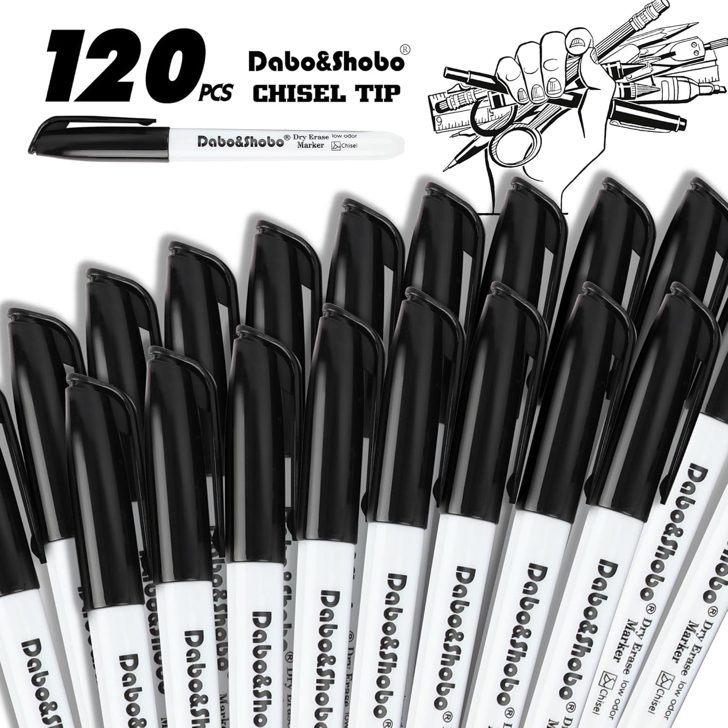 Dabo&Shobo Dry Erase Markers Bulk, 120 Count Black Whiteboard Markers, Low Odor Dry Erase Markers, Chisel Tip, Suitable for School, Office, or Home