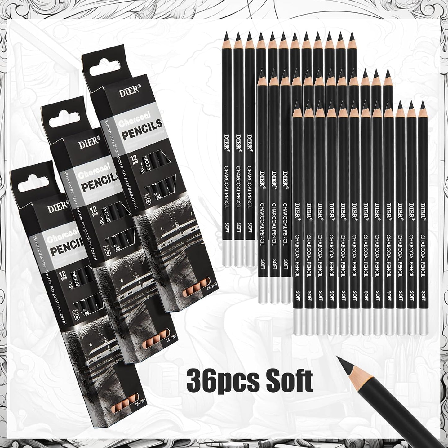 Geyoga 36 Pcs Professional Charcoal Pencils Soft, Medium and Hard for Drawing Charcoal Pencils for Sketching Shading Drawing Blending Portrait(Black, Soft)