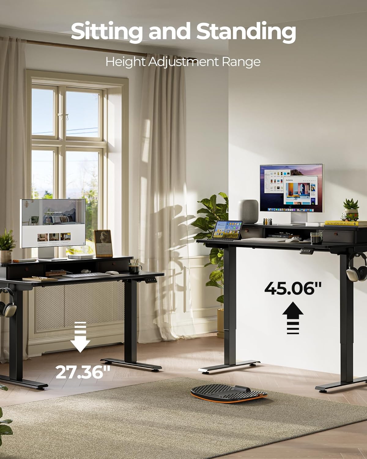 FEZIBO 60 x 24 Inch Height Adjustable Electric Standing Desk with Double Drawer, Computer Desk, Home Office Stand Up Table with 4 Height-Adjustable Feets & 2 Hooks, Black