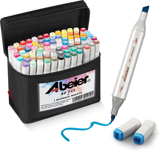 ABEIER 81 Colors Alcohol Markers - Brush & Chisel Dual Tip Sketch Markers, Plus 1 Blender, Permanent for Kids & Adults Coloring & Illustration