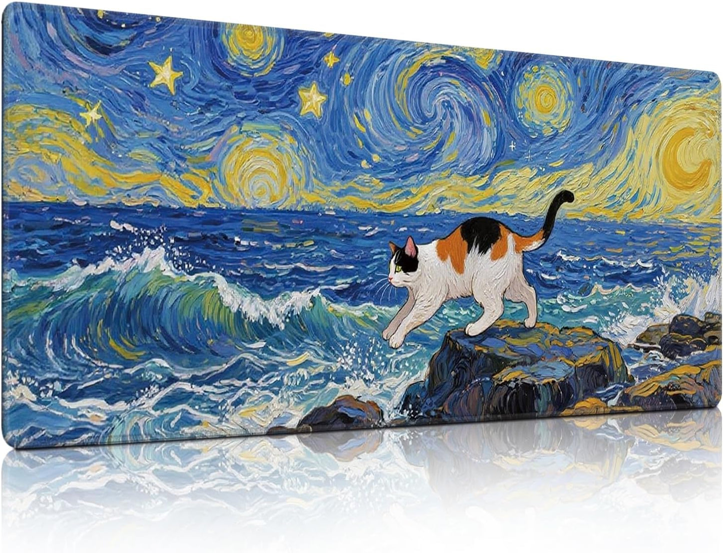 Cute Calico Cat Surfing Mouse Pad, Starry Night Style Mousepad - Large Non-Slip Desk Mat for Office, PC, Laptop - 35.5"x15.7" x 3mm