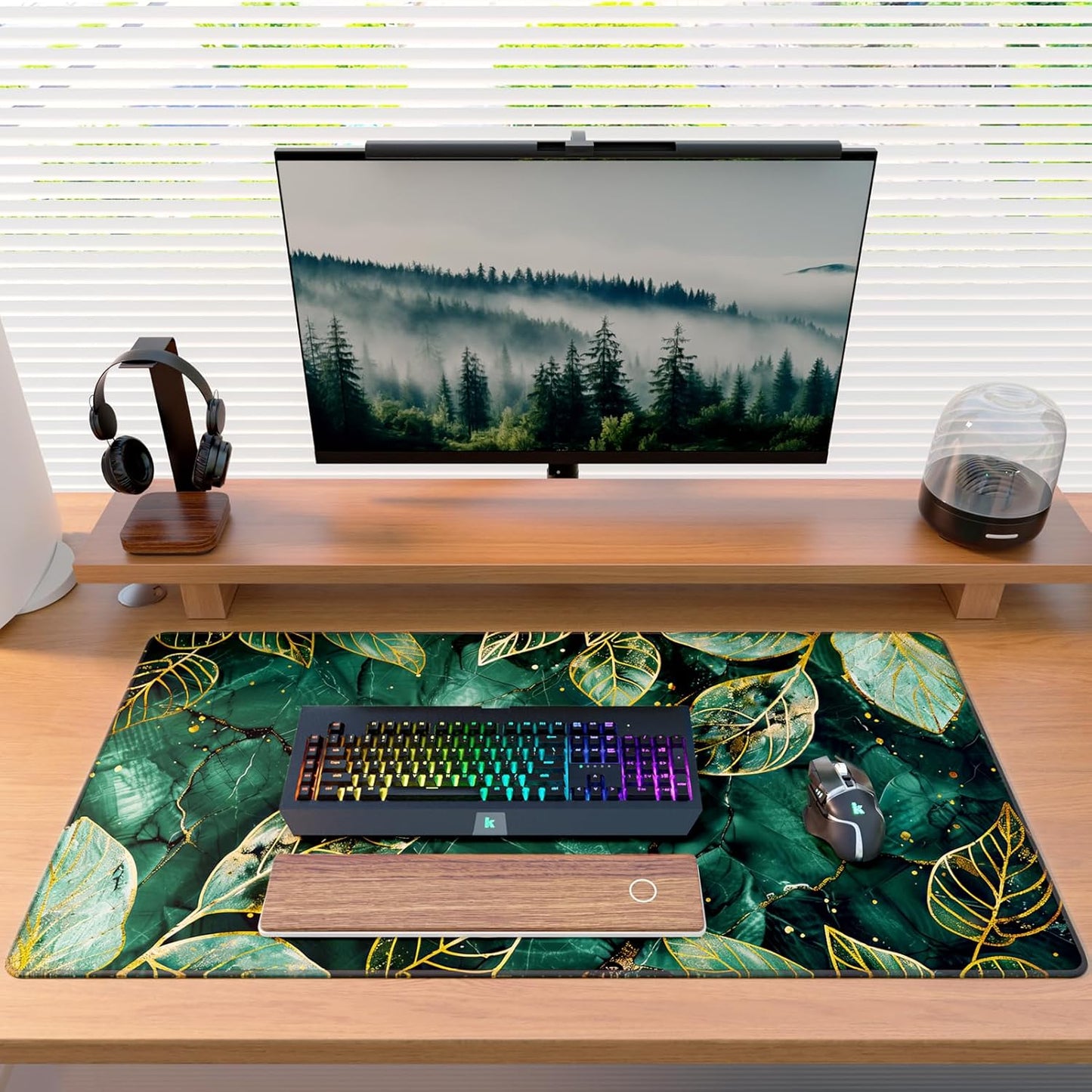 KTRIO Large Gaming Mouse Pad with Stitched Edges, Extended Mousepad with Superior Micro-Weave Cloth, Non-Slip Base, Water Resist Keyboard Pad for Gamer, Office & Home, 31.5x15.7in, Green Leaves
