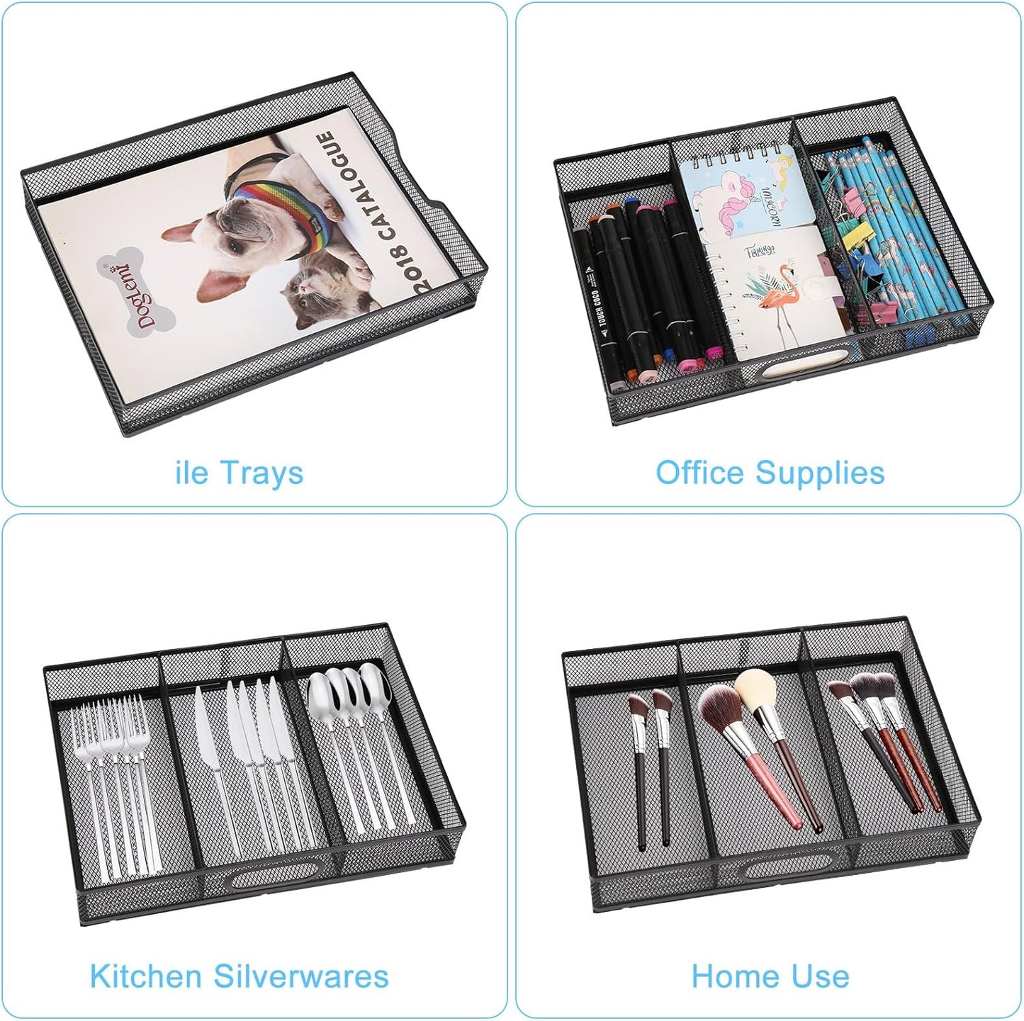 Office Drawer Organizer 2 Pack, Metal Mesh Set - Large Kitchen Drawer Organizer Tray, Adjustable Under Desk Storage for Papers, Office Supplies(Black)