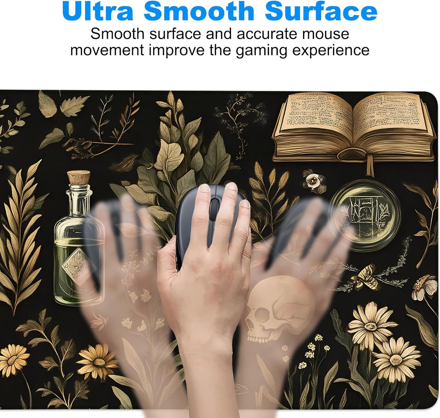 Desk Mat, Black Mystical Green Plant Skull Large Gaming Mouse Pad with Non-Slip Base Stitched Edges,Desk pad for Keyboard and Mouse Home Office 35.4"x15.7"