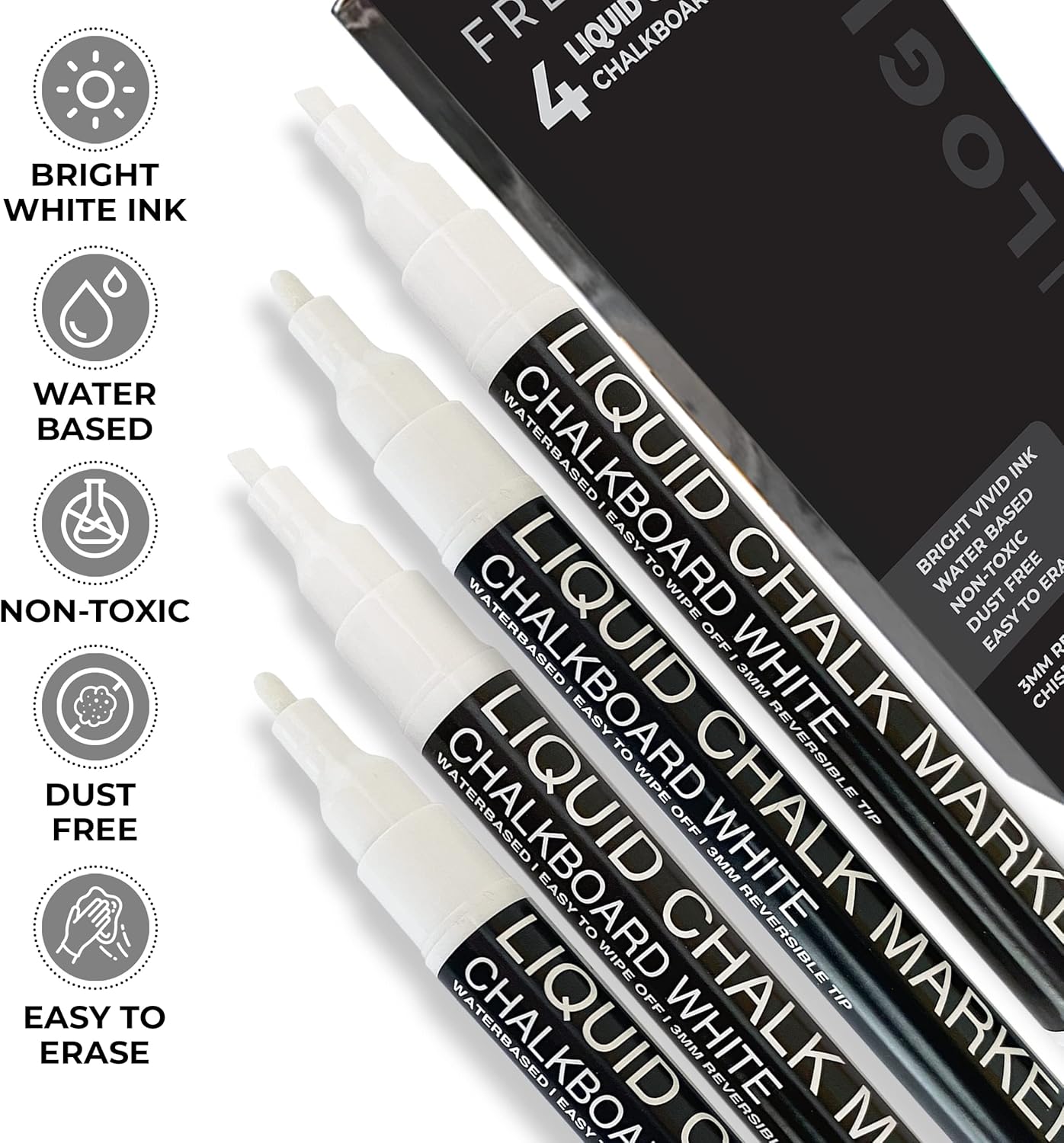Liquid Chalk Markers - 4 White Fine Tip Chalk Pens, Erasable, Non-Toxic, Water-Based, Kids & Adults - White Chalk Markers for Blackboard, Glass, Chalkboard Paint for Businesses, Restaurants