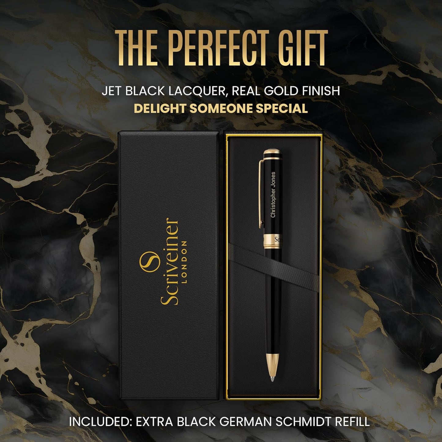 Scriveiner Personalized Black Ballpoint Pen - Stunning Luxury Pen, Jet Black Lacquer, Real Gold Plating, Schmidt Ink Refill, Best Engraved Ball Point Gift Set for Men & Women, Custom Name Engraving