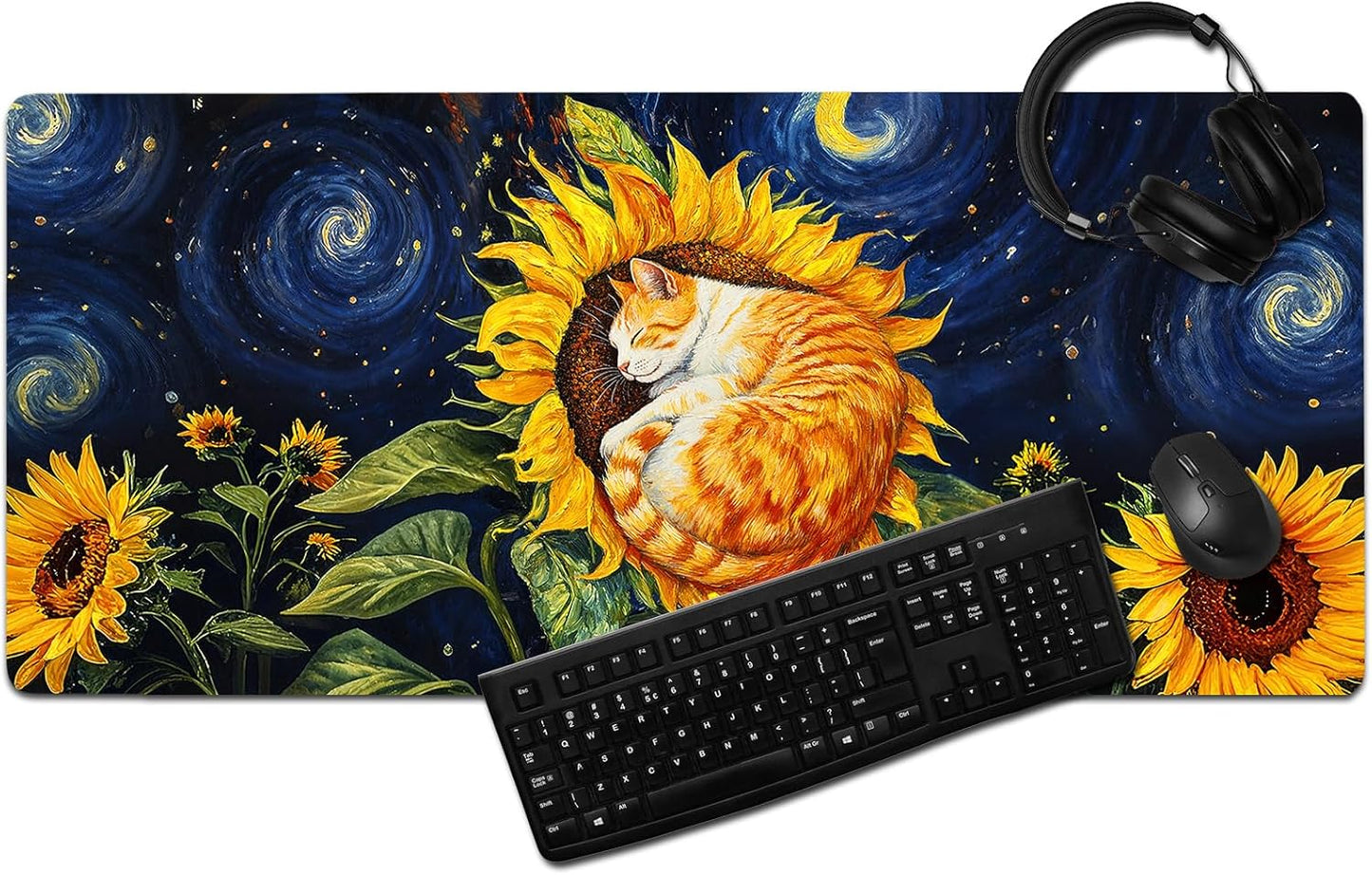 Sunflower Cat Gaming Mouse Pad, Starry Sky Cute Orange Cat Mousepad - Large Non-Slip Desk Mat for Office, PC, Laptop - 35.5"x15.7" x 3mm