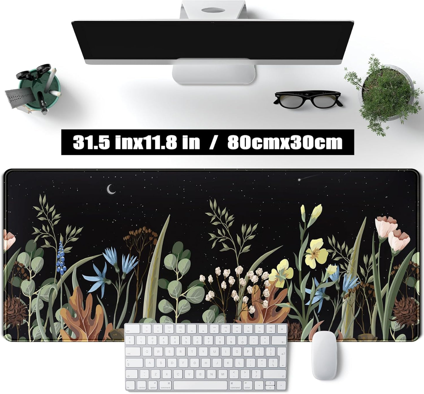 Cute Gaming Black Wild Flowers Desk Mat Mouse Pad Star Moon Floral Mousepad Large, XL Big Computer Keyboard and Mouse Mat Desk Pad Mat with Stitched Edge for Women Office Decor Deskmat 31.5x11.8 in