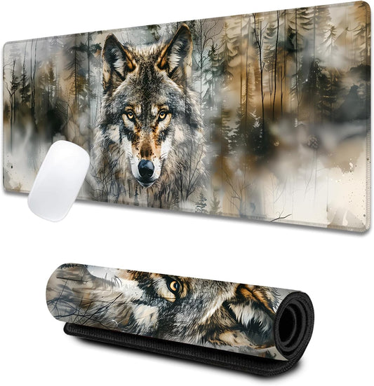 Cool Wolf Large Gaming Desk Mat,Rubber Non-Slip Majestic Forest Mouse Pad,31.5x11.8x0.12in Extended Wildlife Mousepad,Game Lover Mice Pads Gifts,Office Home Deskmat Decor