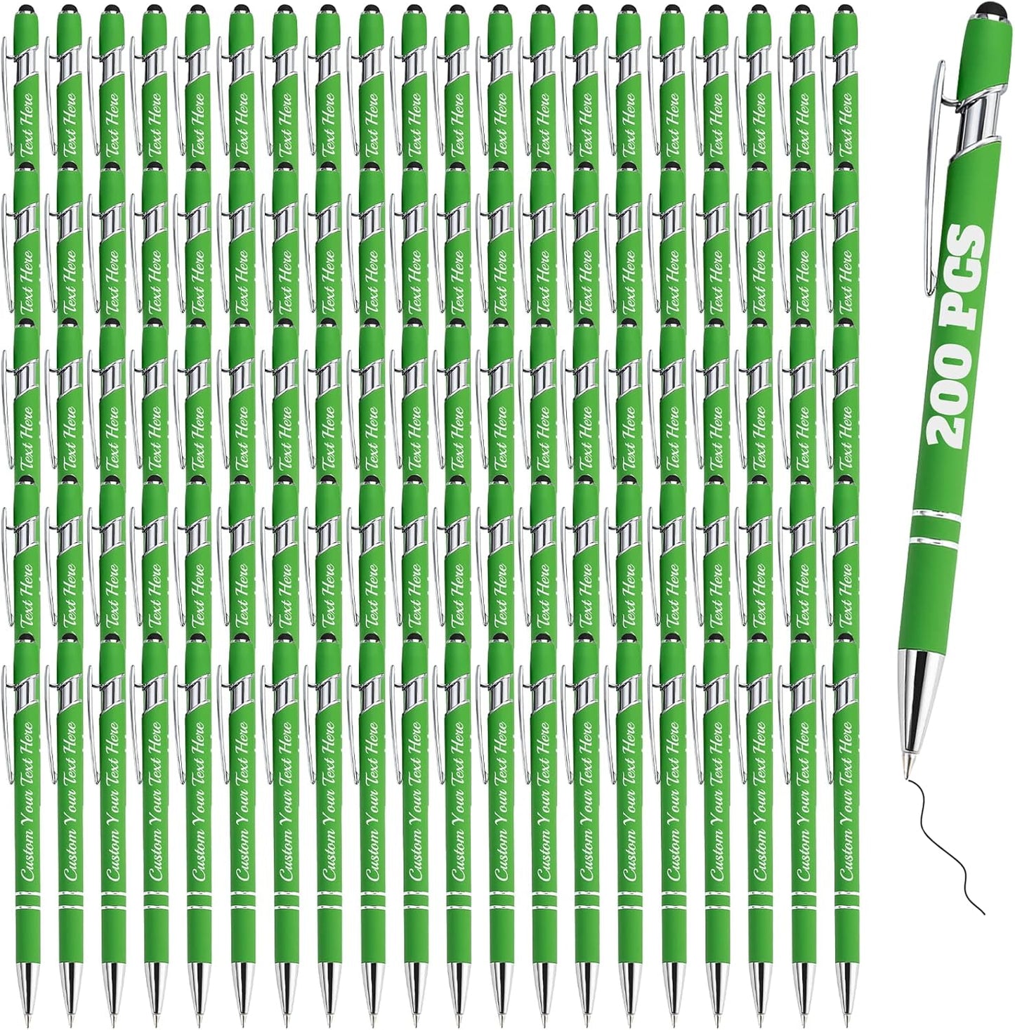Personalized Pens Bulk 200 with Name Custom Engraving Ballpoint Pens with Stylus Tip Customized Smooth Writing Pens Personalized Gifts for Anniversary Birthday or Graduation(Light Green,Black Ink)