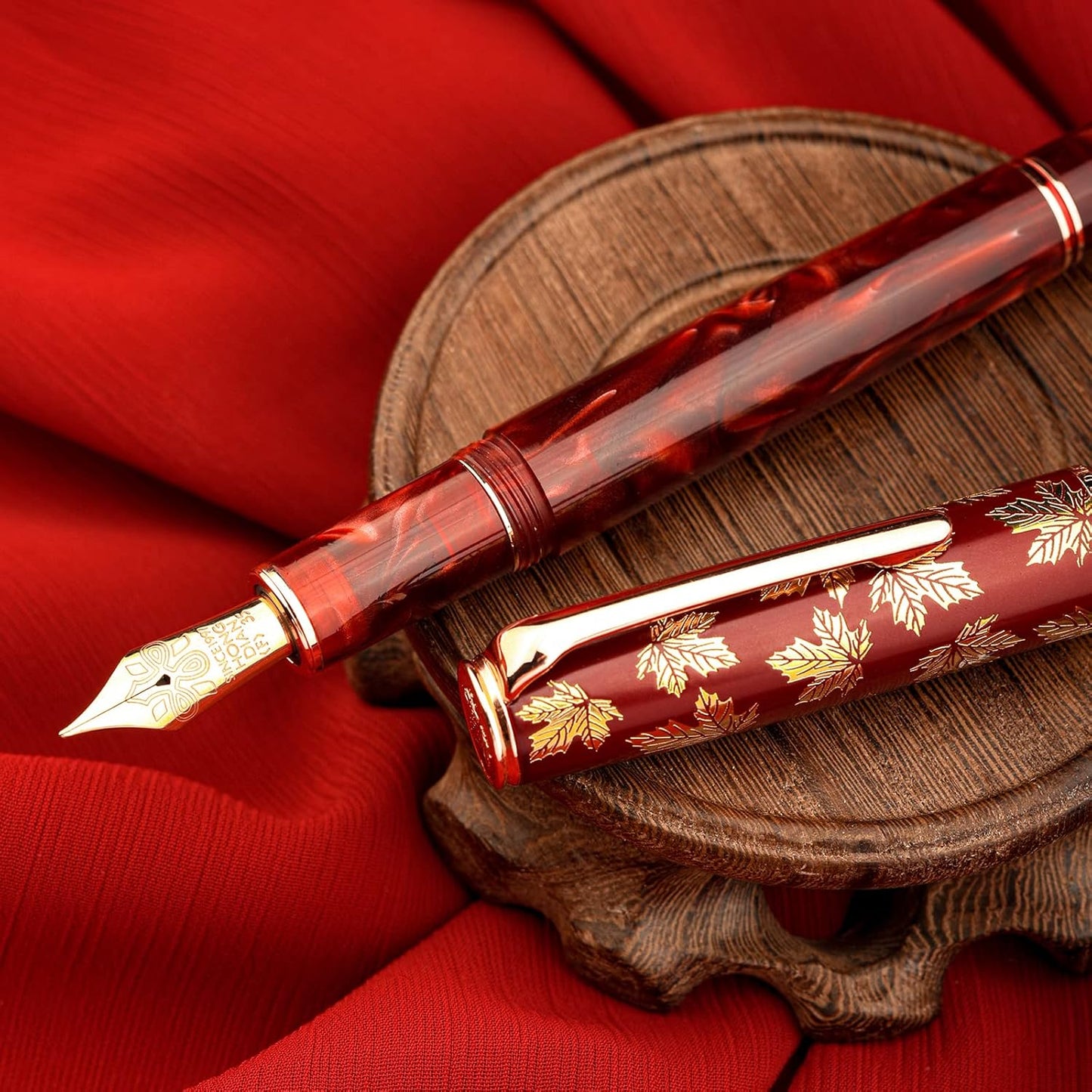 Hongdian N8 Fountan Pen, Iridium Fine Nib, Rose Gold Trim Maple Leaf Carving Cap Red Acrylic Resin, Smooth Writing Pen with Converter and Metal Pen Box Set