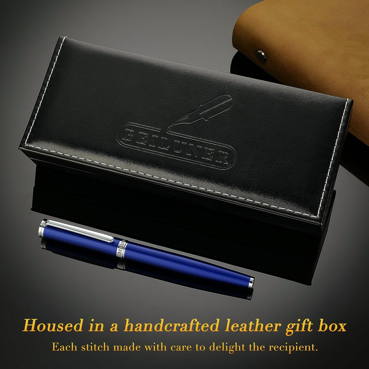 BEILUNER Luxury Fountain Pen Set,Solid 24K Gilded Fine Nib, Modern Classic Limited Edition -Includes 6 Ink Cartridges&Ink Refill Converter with Gift Case-Perfect for Men and Women（Charming blue）