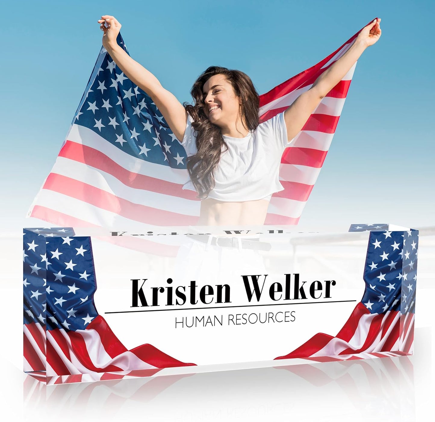 Flpoxzd Desk Name Plate Personalized, Custom Name Plates for Desks, Premium American Flag Acrylic Desk Name Plate, Office Desk Decor for Women or Men Coworkers, Boss, Employee, Teacher (Flag2)