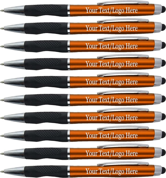 Personalized Pens With your Custom Logo or Text-300 Pack Bulk-for Businesses, Parties, and Events, 2 in 1 Ballpoint Pen + Capacitive Stylus for Touchscreen Devices, Orange Barrel, Blue Ink