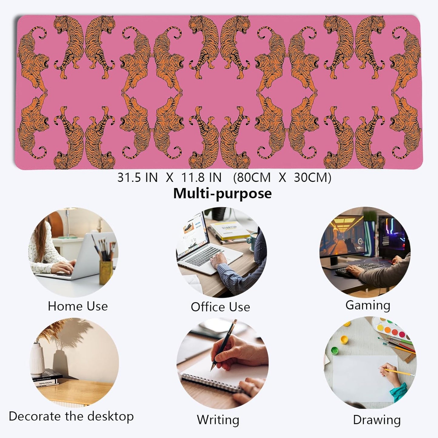 Pink Tiger Decor Desk Mat, Large Girly Cheetah Mouse Pad, Leopard Print Desk Mat for Girls Dorm Home Office Decor, Tiger Mouse Pad Desktop Decor,31.5x11.8