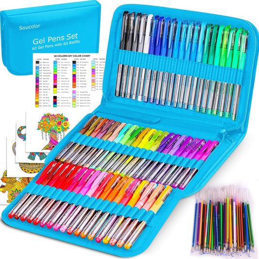Soucolor Markers for Adult Coloring Books, Coloring Markers for Teacher Appreciation Gift School Office Supplies, 120-Piece Art Set: 60 Gel Pens + 60 Refills with Travel Case for Kids Card Making