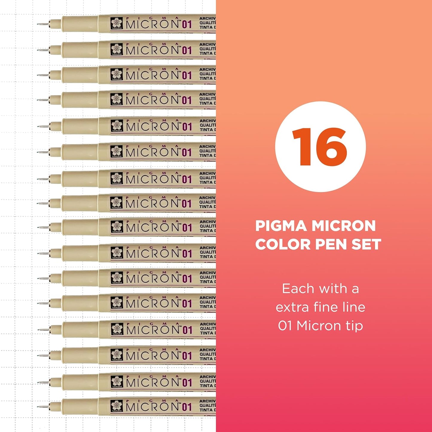 SAKURA Pigma Micron 01, Ass't Archival Colors 16 PK
