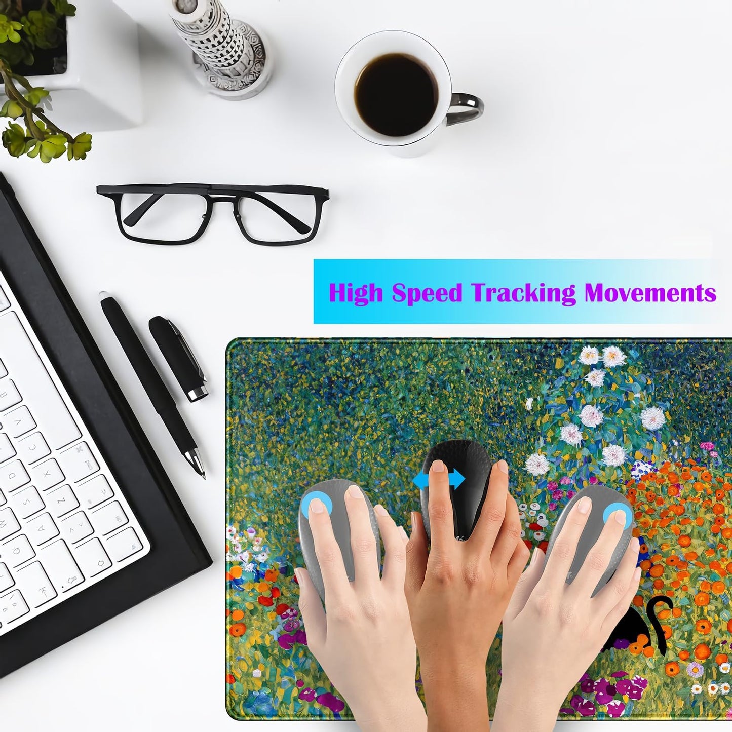 Desk Pad Cute Black Cat Oil Painting Art Floret Desk Mat Office Desk Decor Large Mouse Pad Gaming, XL Mousepad Women Office Desk Decor Laptop Keyboard Mouse Pads with Stitched Edges Mat 31.5x15.7 in