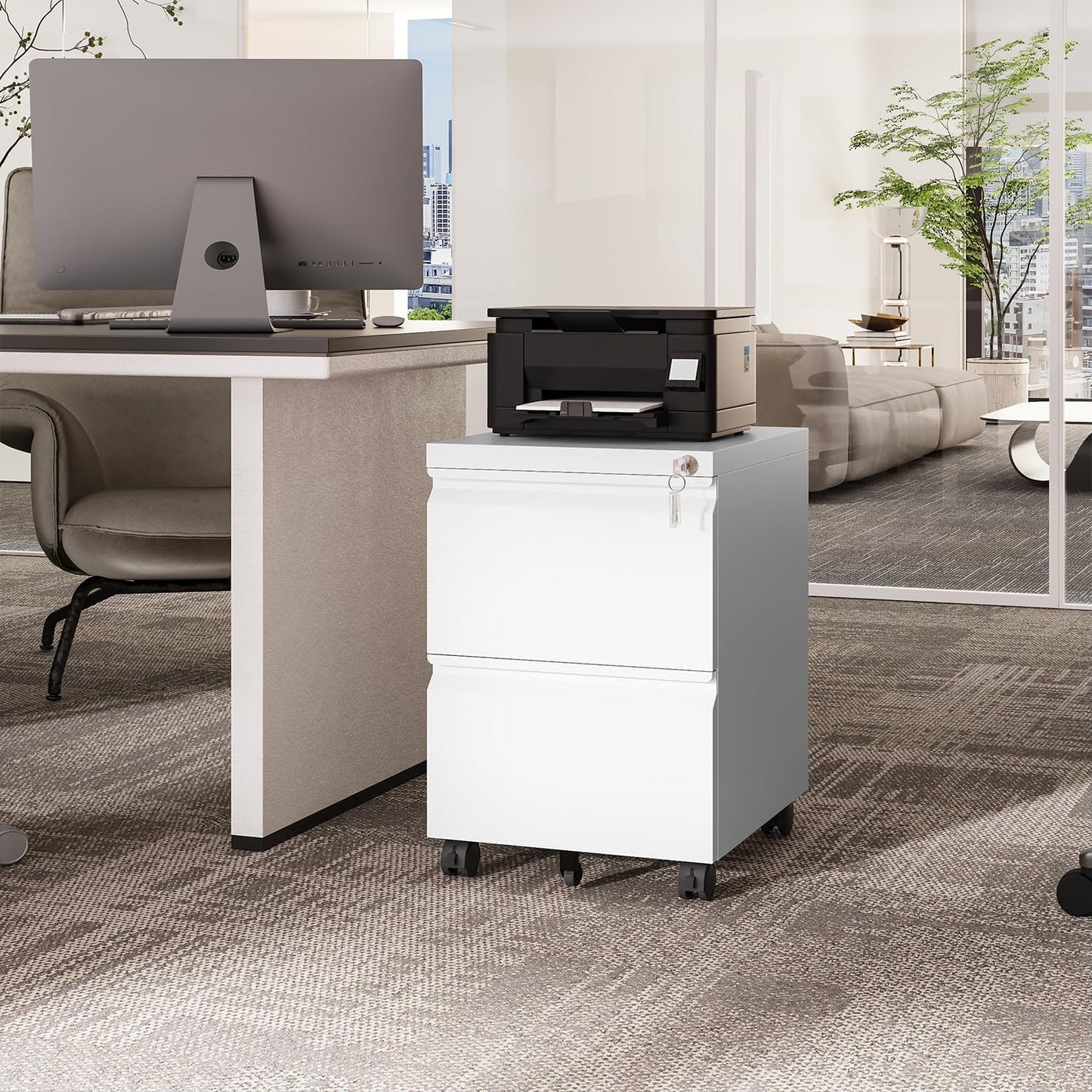 2 Drawers Vertical File Cabinet - Fully Assembled White Under Desk Mobile Filling Cabinet Small Lockable Home Office File Cabinets for A4/Letter/Legal Size