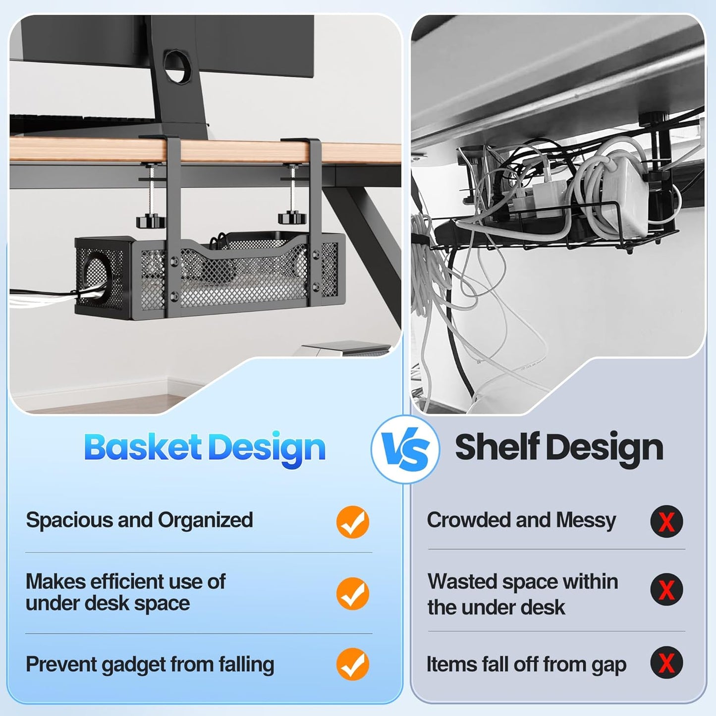 2 Pack Cable Management Under Desk Tray, No Drill Cable Management Box with Clamp for Wire Organization, Cord Organizer for Office, Home - No Damage to Desk (Black)