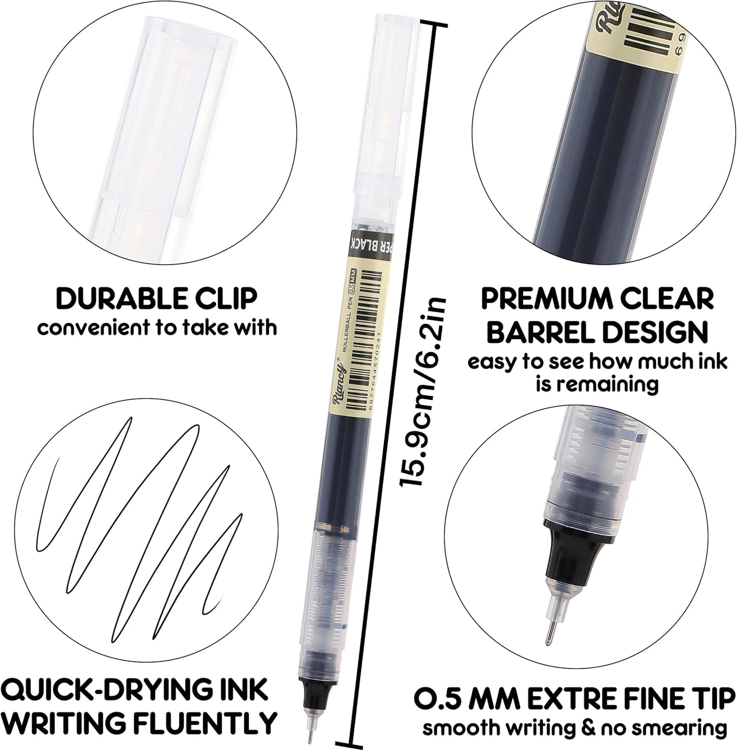 RIANCY 12 Pack Black Liquid Ink Rollerball Gel Pens, 0.5mm Extra Fine Point Tip, Smooth Writing Quick Drying No Smear No Bleed for Journaling, Drawing, Sketching, School Notes & Art Supplies