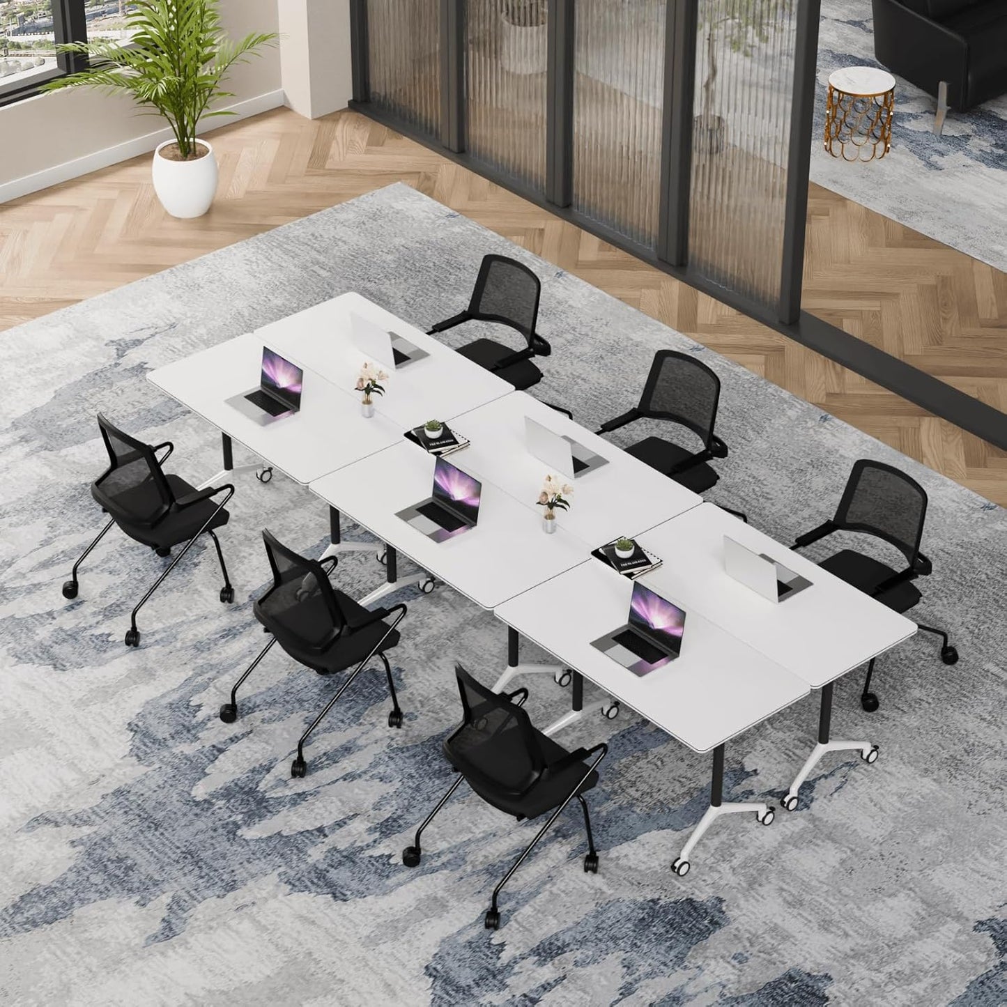 Folding Conference Table, Modern Conference Room Tables with Flip-Top Design, Foldable Conference Table Meeting Table with Wheels, Mobile Seminar Training Tables for Office Classroom (6, White 2)