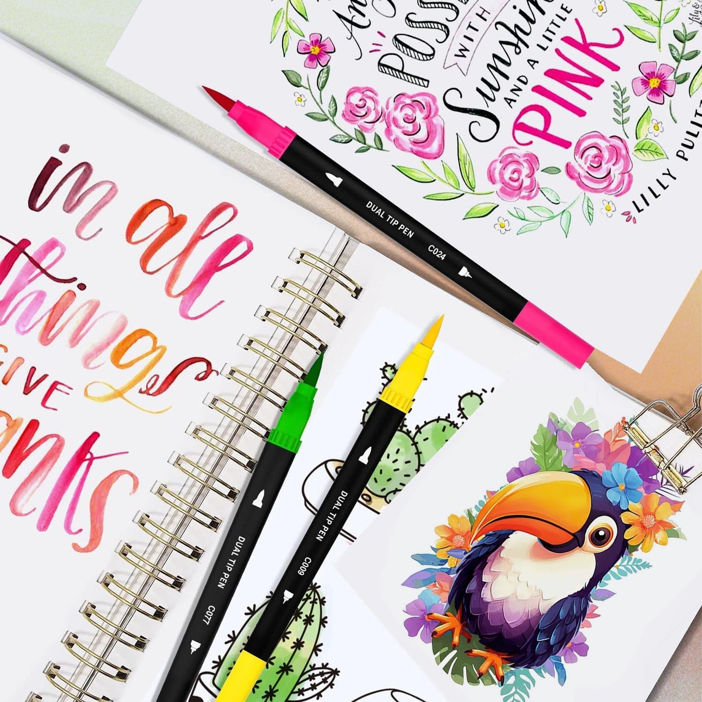 Art Supplier Dual Brush Markers Pens, 110 Artist Coloring Marker Set, Fineliner & Brush Tip Pen with Premium Case for Adults Coloring Books & Kids Journal, Drawing, Doodlin