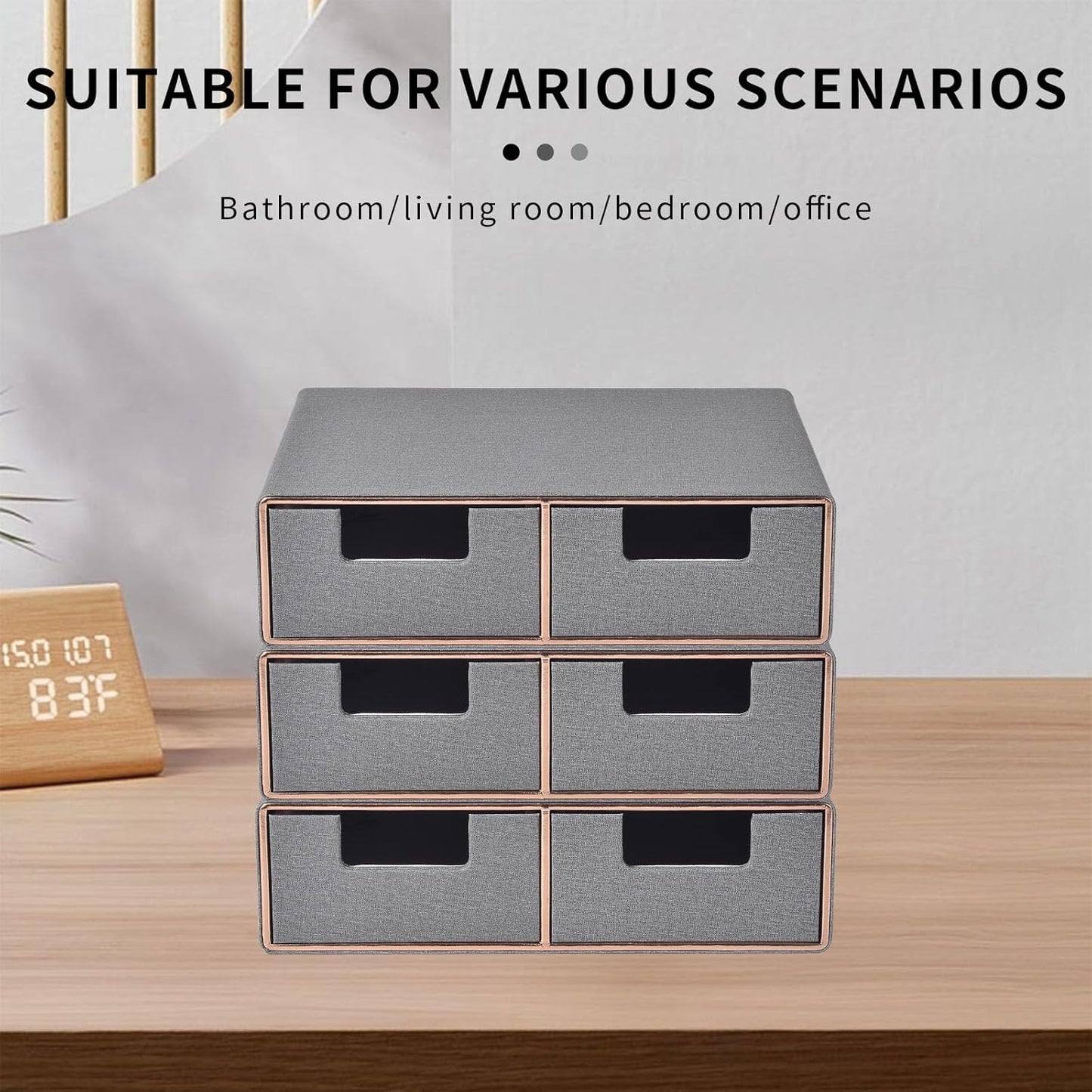 Linen Leather Desk Organizer with Drawers－Mini Desktop Drawer Organizer Stackable－Multifunctional Tabletop Organization Storage Box for Office Supplies Home Vanity Toiletries (Grey, 2-drawers)