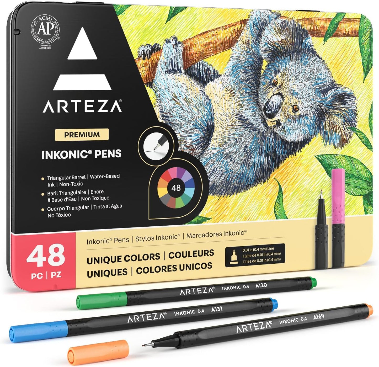 ARTEZA Inkonic Fineliners Pens, Set of 48, 0.4 mm Fine Tip Markers, Water-Based Art Pens for Drawing, Sketching, Journaling, Calligraphy