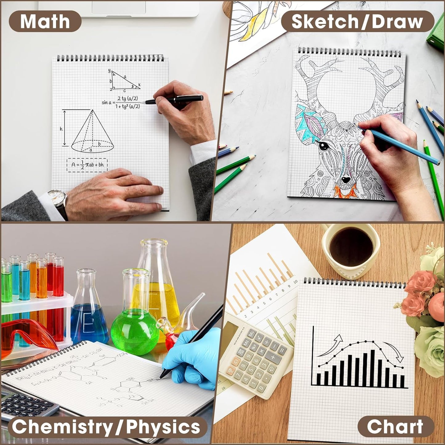 2 Pack Top Spiral Graph Paper Notebooks 8.7 X11.4 Inch A4 Grid Paper Notepad 70 Sheet Memo Steno Pad for Engineering Writing Sketching Drawing School Office Supplies (Black)