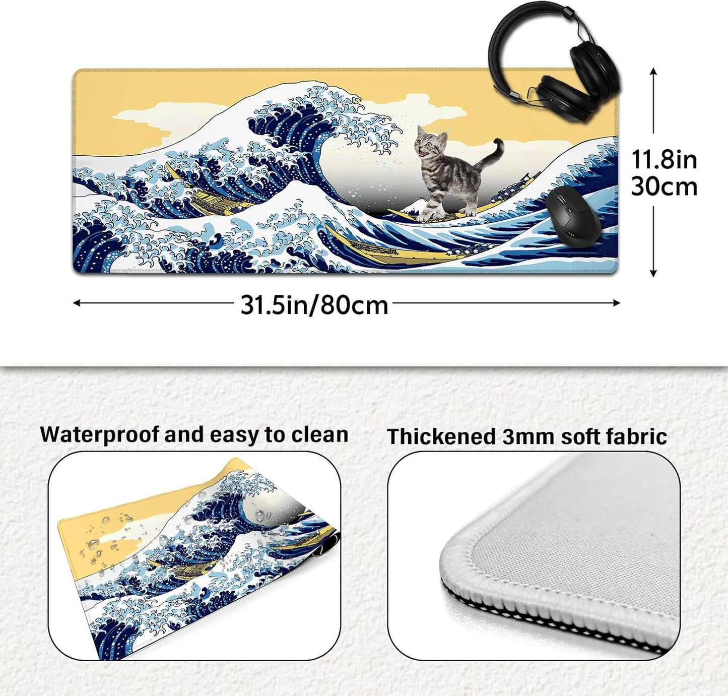 Funny Cat Surfing The Great Wave Off Kanagawa Mouse Pad - Large Non-Slip Desk Mat for Office, PC, Laptop - 31.5"x11.8" x 3mm
