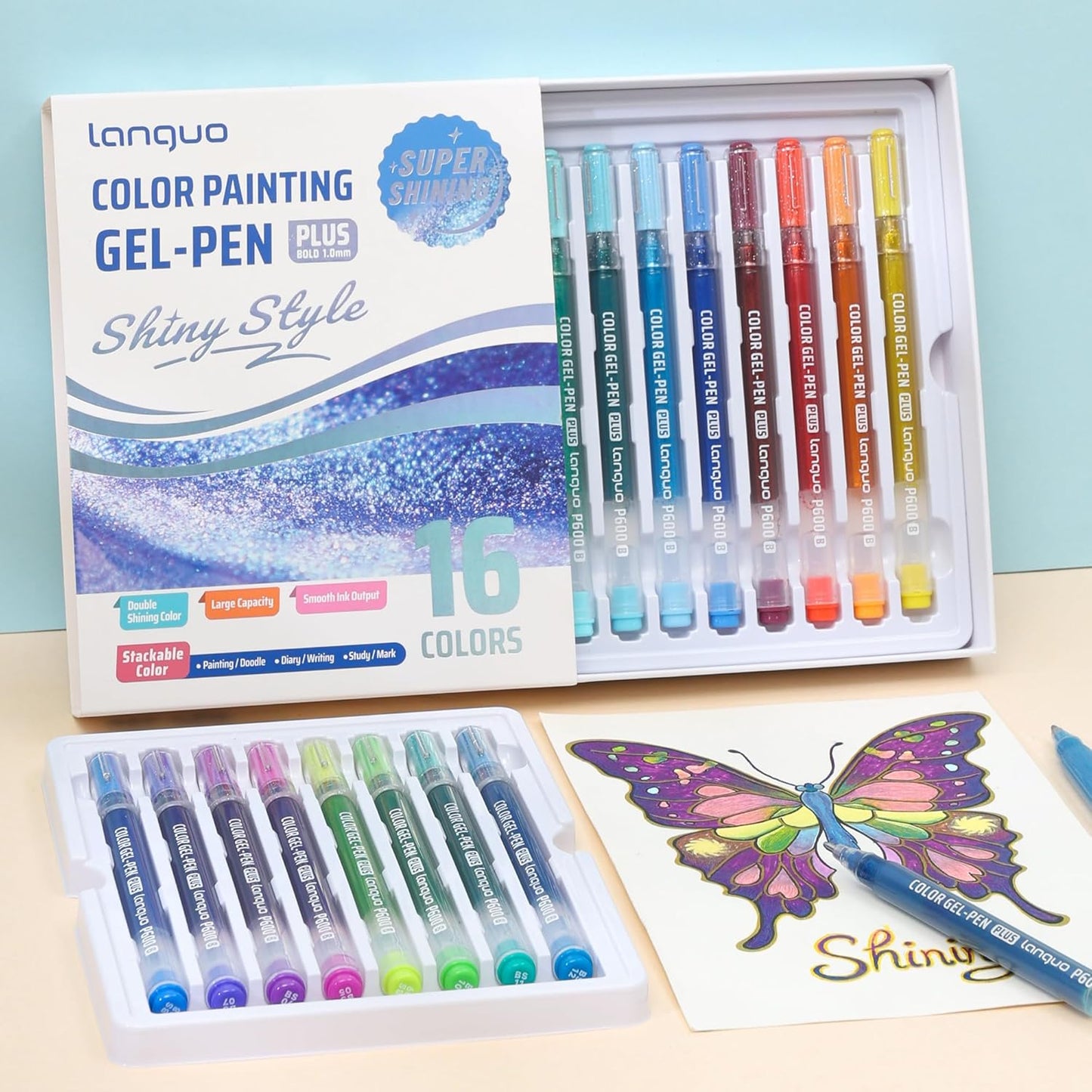 Glitter Gel Pens for Adult Coloring, 16 Colors Double Shining Glitter Gel Pens Colored Set for Drawing, Doodling, Journaling & Creative Art Supplies