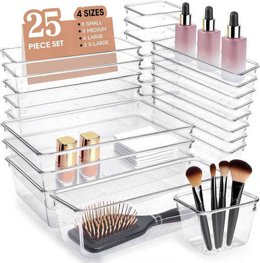 Clear Acrylic Drawer Organizers Set Storage for Makeup, Office Desk Small Vanity Trays for Drawer Bathroom Plastic Make up Organizers 25 Pcs