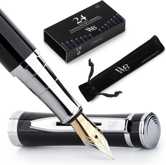 Wordsworth & Black Fountain Pen Set, Extra Fine Nib, Includes 24 Pack Ink Cartridges, Ink Refill Converter & Gift Pouch, Chrome Finish, Calligraphy, [Black Chrome], Perfect for Men & Women