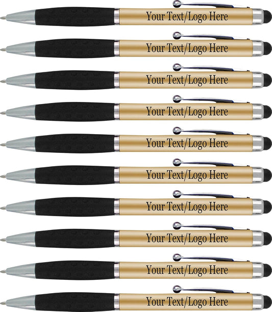 Personalized Pens With your Custom Logo or Text-300 Pack Bulk-for Businesses, Parties, and Events, 2 in 1 Ballpoint Pen & Stylus Compatible with Touchscreen Devices, Gold Barrel, Black Ink