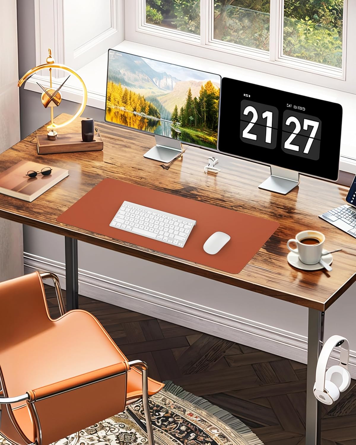 Extra Large Desk Pad Mat - Waterproof Mouse Pad & Desk Protector, Non-Slip XXL PU Leather Gaming Mat for Keyboard/Mouse, Stitched Edge with Ergonomic Support, 55"x17" (Brown)