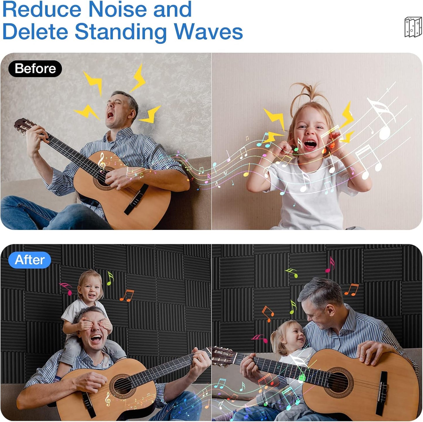 12 Pack Sound Proof Foam Panels for Walls,Self-Adhesive Foam Acoustic Panels Sound Absorbing,High Density Quick-Recovery Soundproof Wall Panels 12" X 12" X 1"-Black and Blue