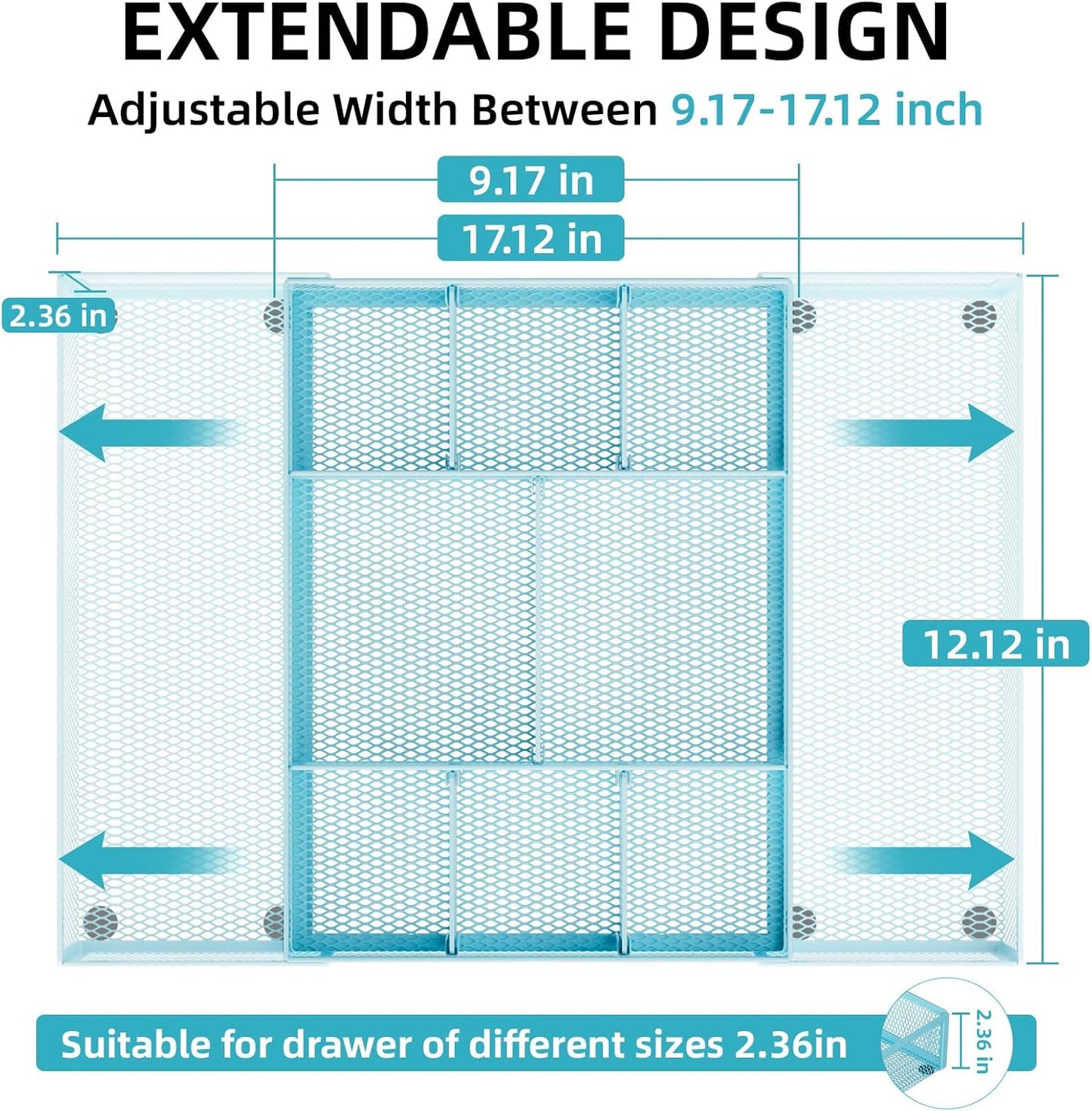 Marbrasse Expandable Desk Drawer Organizer, Mesh Drawer Organizer Tray with 10 Adjustable Compartments, Desk Organizers and Accessories for Office Supplies, Makeup & Vanity (Expandable-Blue)