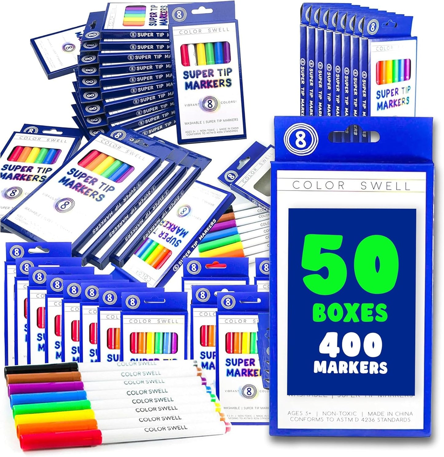 Color Swell Super Tip Washable Bulk Markers Pack 50 Boxes of 8 Vibrant Colors (400 Total Markers) Perfect for Kids, Parties, Classrooms