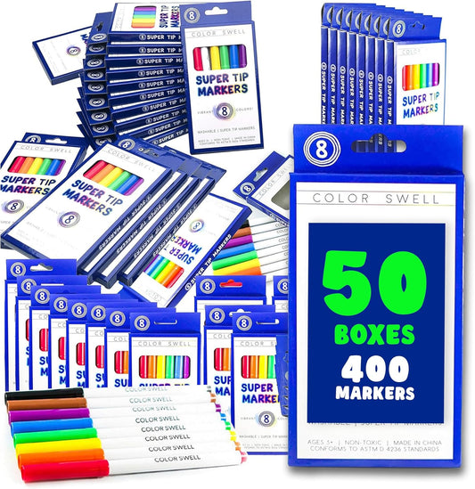 Color Swell Super Tip Washable Bulk Markers Pack 50 Boxes of 8 Vibrant Colors (400 Total Markers) Perfect for Kids, Parties, Classrooms