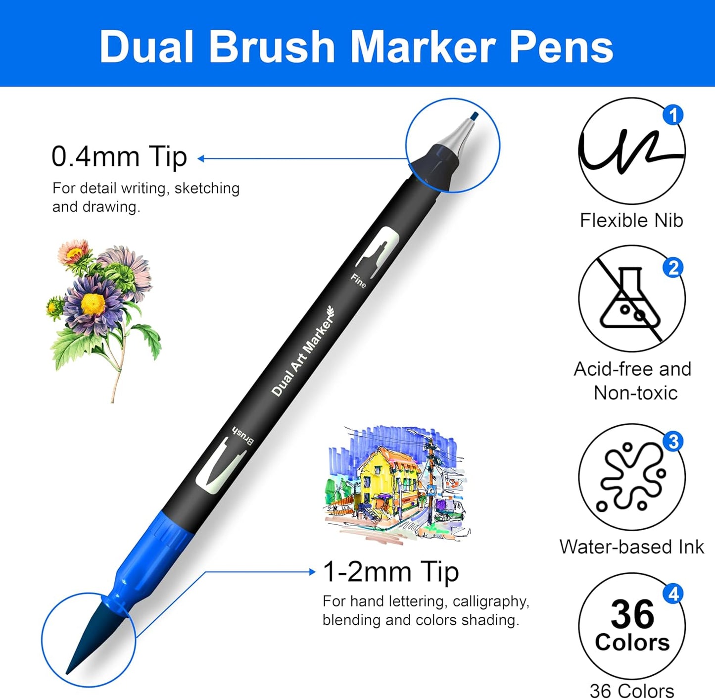 Dual Brush Marker Pens, 36 Colors Art Markers with Fine and Brush Tip Coloring Markers for Adults, Marker for Journaling Calligraphy Drawing Sketching Doodling Illustrating
