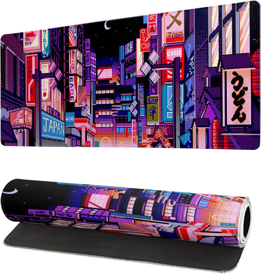 Dark Purple Japanese Gaming Mouse Pad Abstract Anime Mat 27.6x11.8 Inch Tokyo Pixel Street Texture Non-Slip Rubber Base Kawaii Mousepad Stitched Edges Keyboard Desk Pad for Office and Home Game