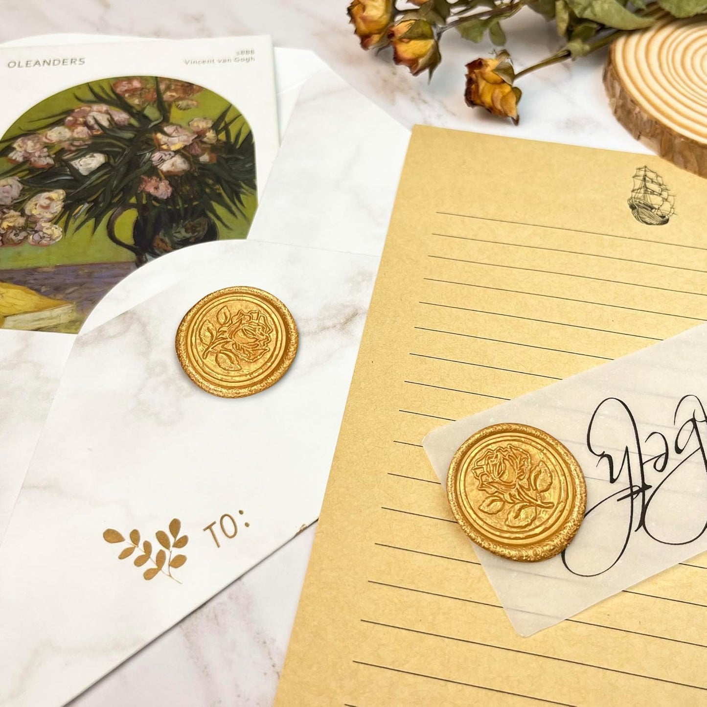 100Pcs Wax Seal Stickers Handmade Envelope Seals Self Adhesive Wax Stickers for Wedding Party Invitations, Envelope, Gift Wrap, Christmas(Rose Style, Gold)