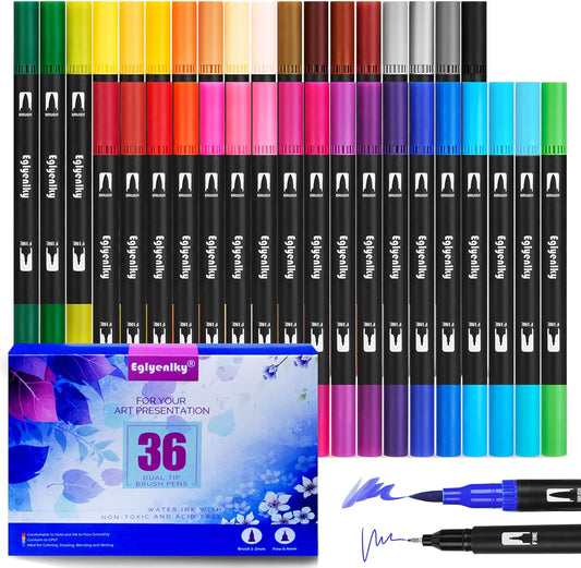 36 Coloring Markers Double Tip Brush Pens, Dual Tip Artist Fine and Brush Pen Art Colored Markers for Adult Coloring Book Kid Drawing Journaling Lettering Note Taking Calligraphy