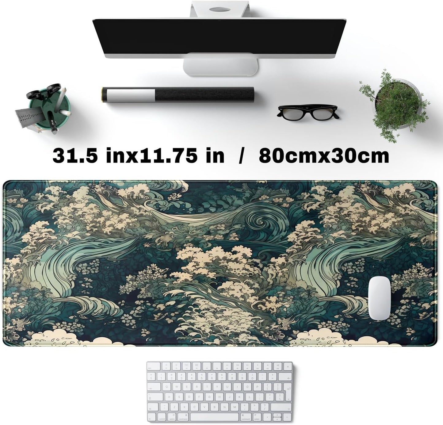 Japanese Large Mouse Pad Gaming Sea Wave Desk Pad Blue Sea Flower Art Aesthetics Desk Pad Non-Slip Rubber Base Mice Pad, 31.5 X 11.8 in for Laptop Computer Mouse Keyboard Mat of Office Desk Decor