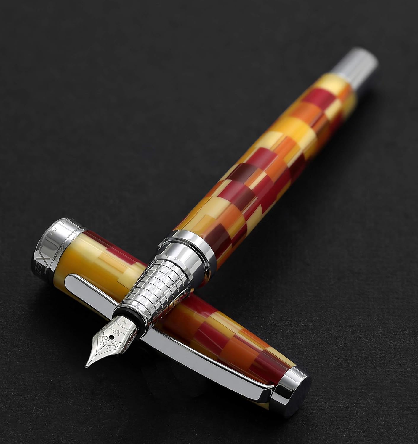 Xezo Urbanite Fountain Pen, Medium Nib. Retro Red, Yellow, Orange, and Cream Acrylic on Brass. Chrome Plated. Limited Edition and Serialized. No Two Alike